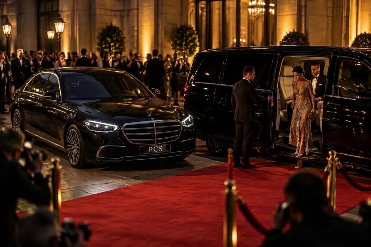 Chauffeur holding the door of a black Mercedes beside a red carpet at an evening event