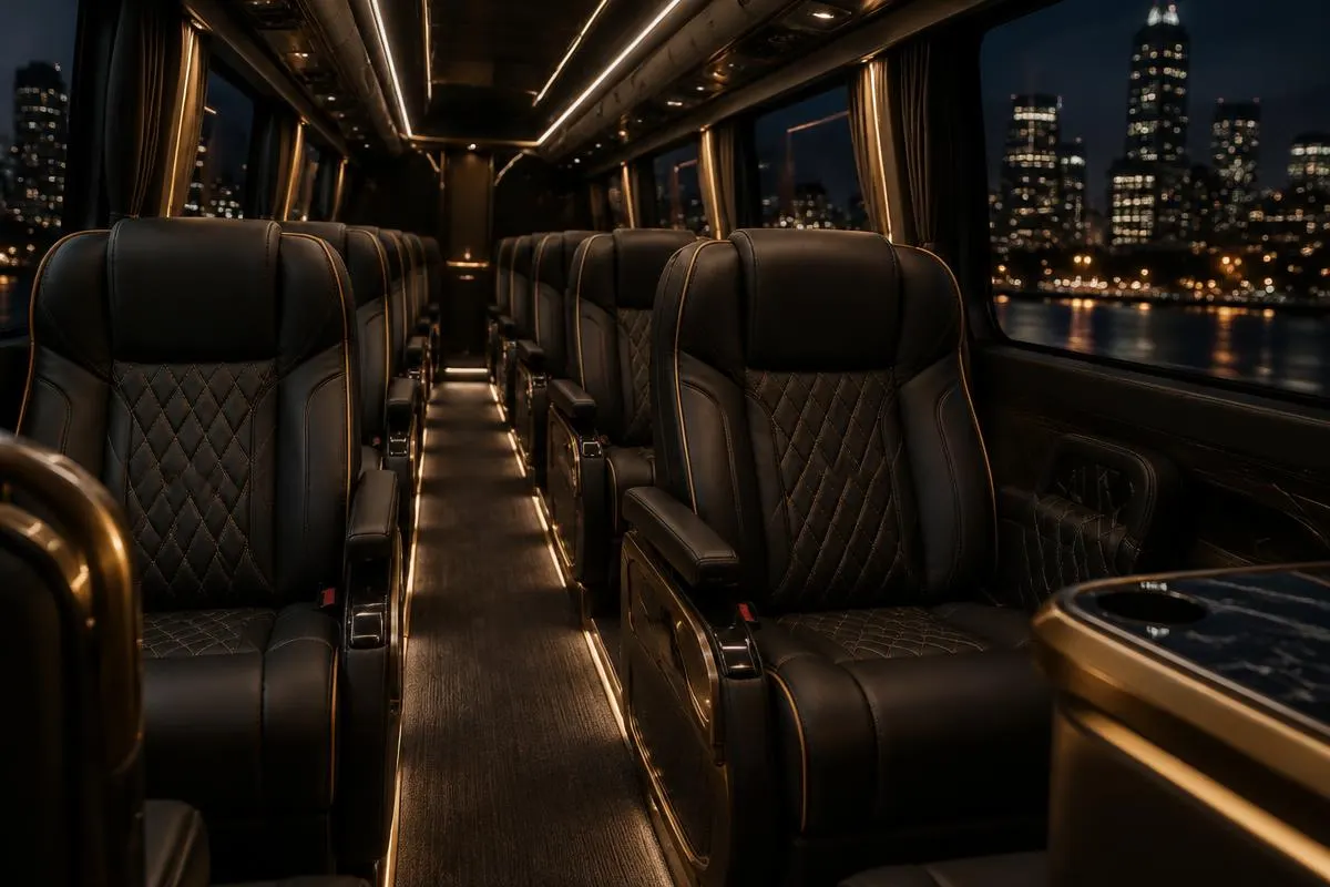 Black leather seats with gold stitching inside a premium executive coach at night