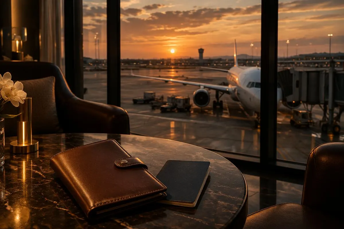 Travel wallet and passport on a lounge table, with an airliner at the gate at sunset