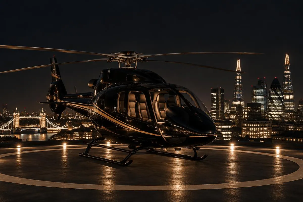 Black private helicopter on a rooftop helipad above the London skyline at night