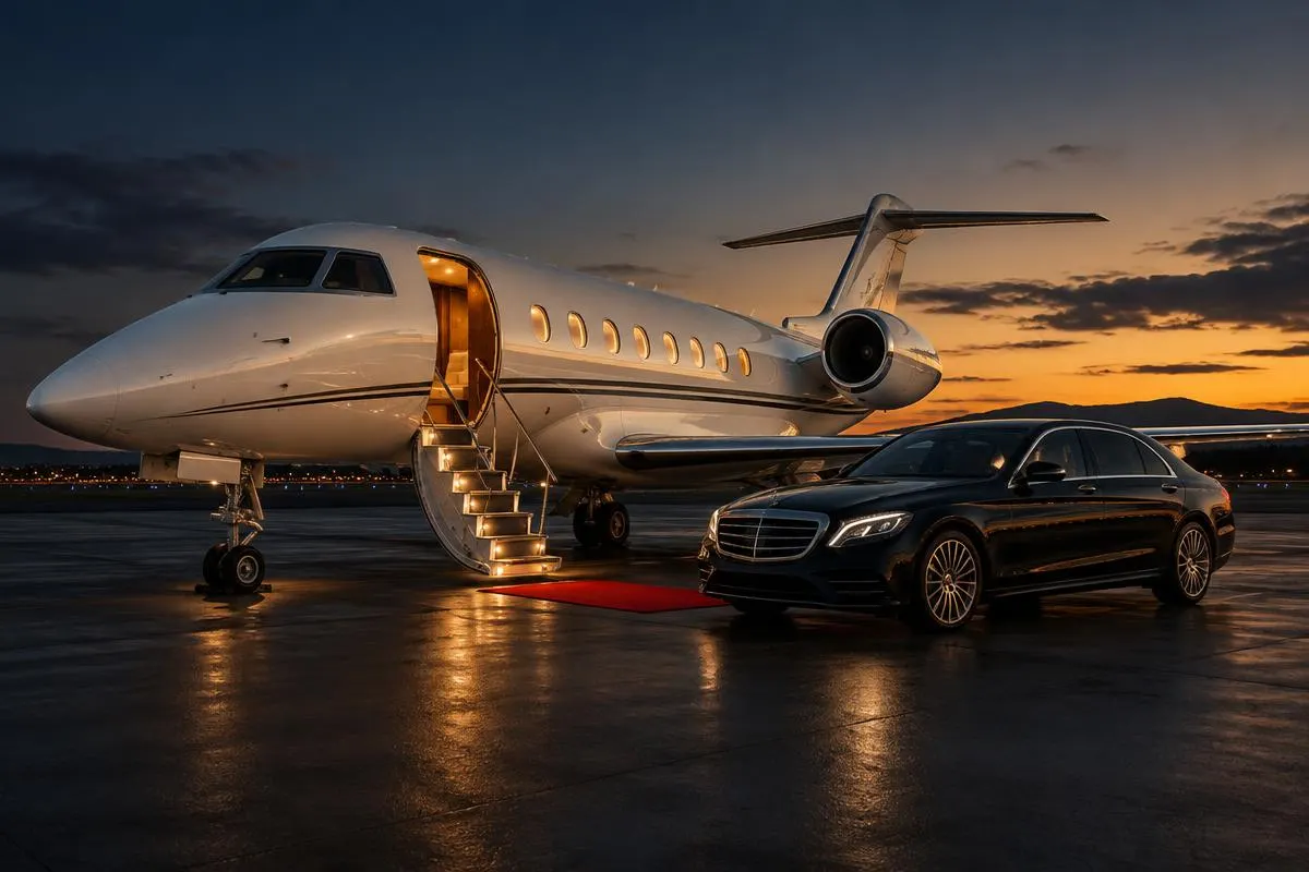 Private jet with its stairs lowered and a black Mercedes waiting beside it at dusk