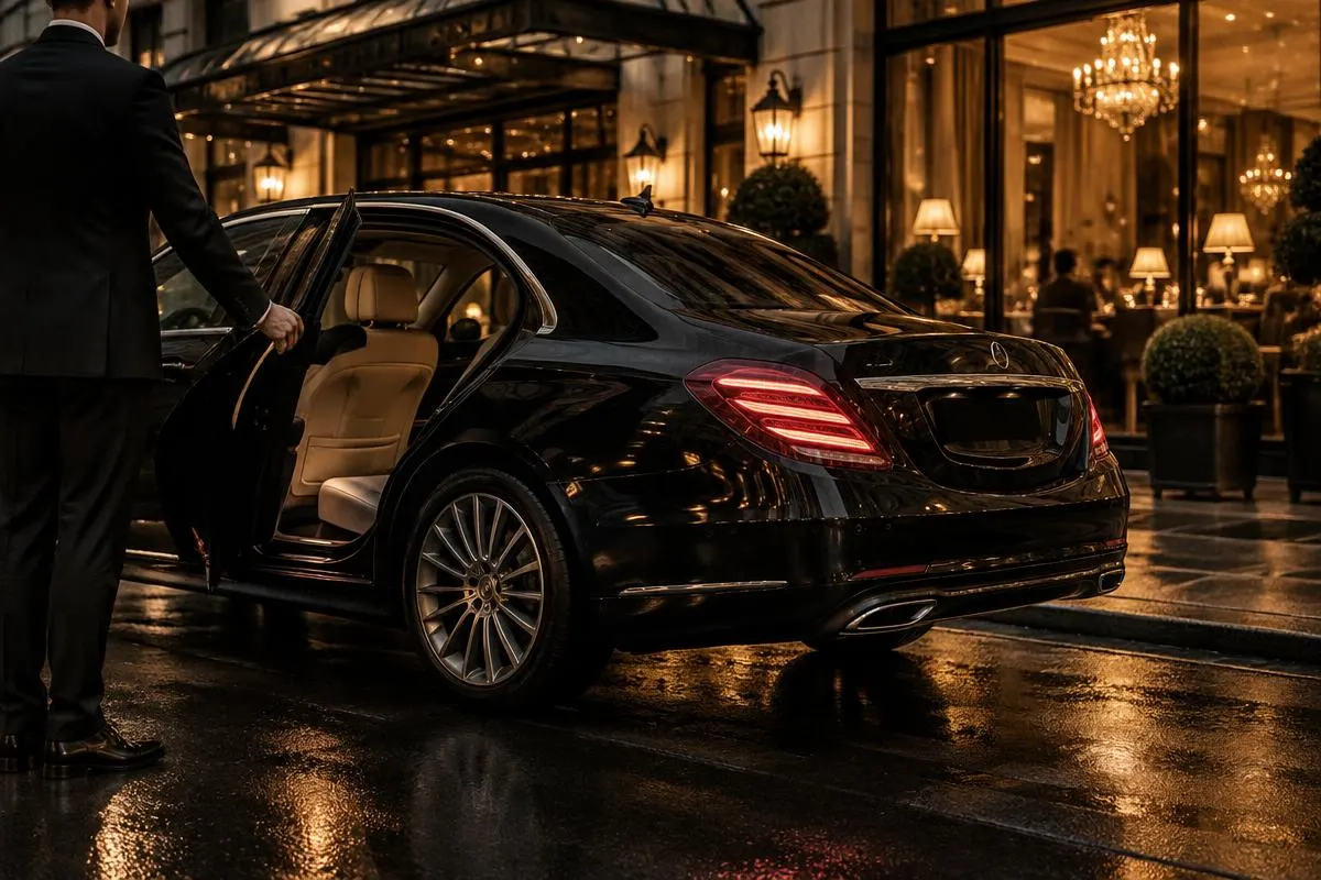 Chauffeur opening the rear door of a black Mercedes saloon outside an elegant restaurant at night