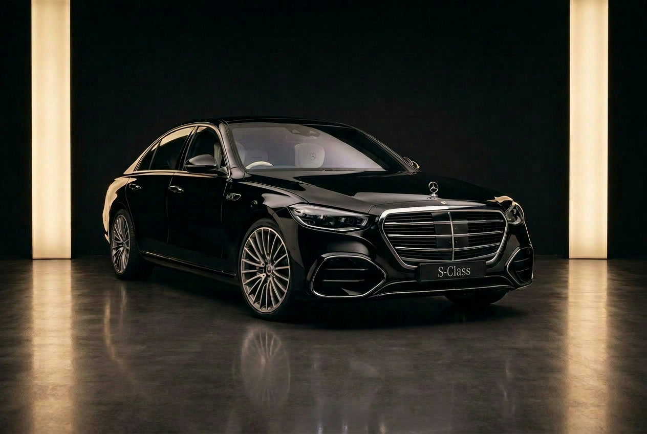 Black flagship luxury saloon with chrome grille and standing bonnet ornament in a dark studio