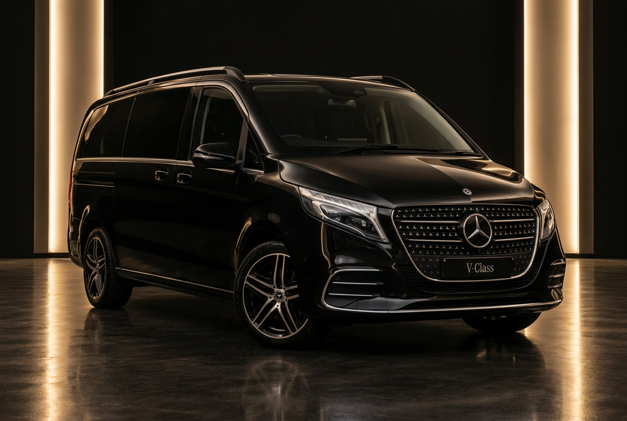 Black luxury MPV with sport trim in a dark studio