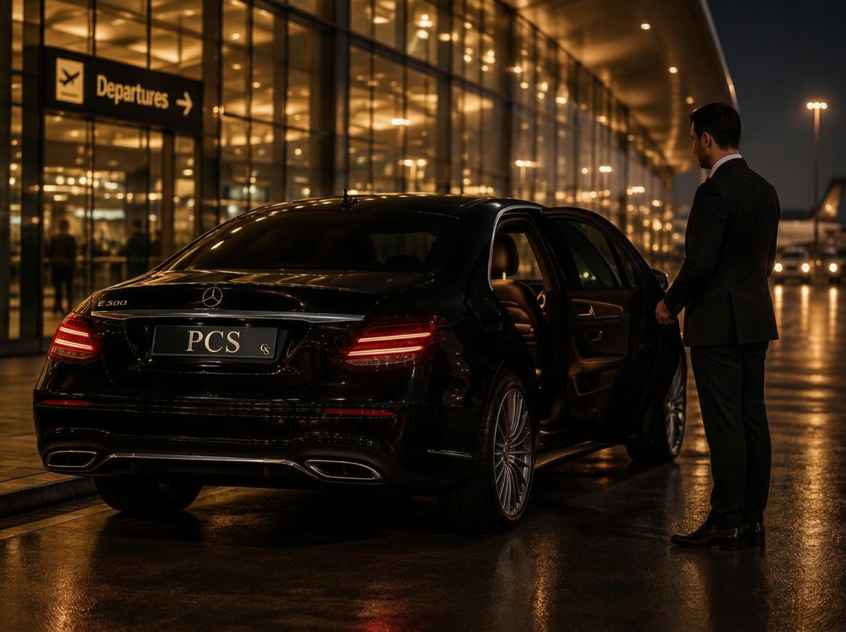Chauffeur holding the rear door of a black saloon outside an airport terminal at night