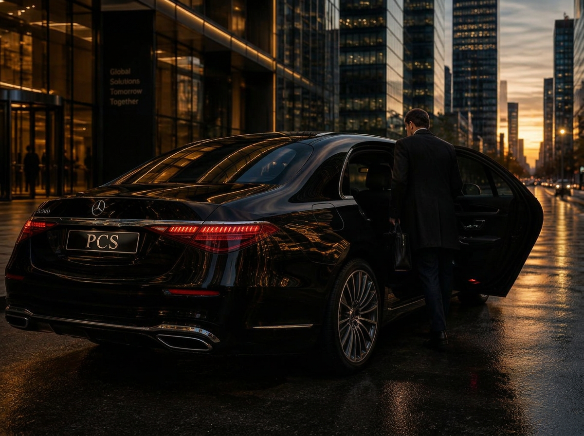 Executive boarding a black saloon outside city office towers at dusk