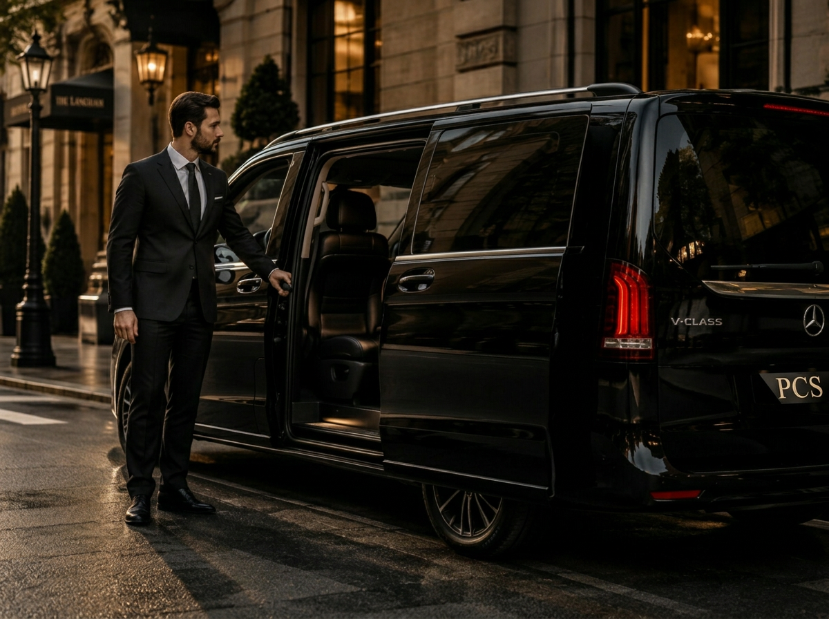 Chauffeur opening the door of a black MPV beside an elegant hotel